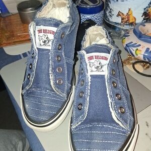 True Religion Blue Frayed Denim Slip-On Sneakers